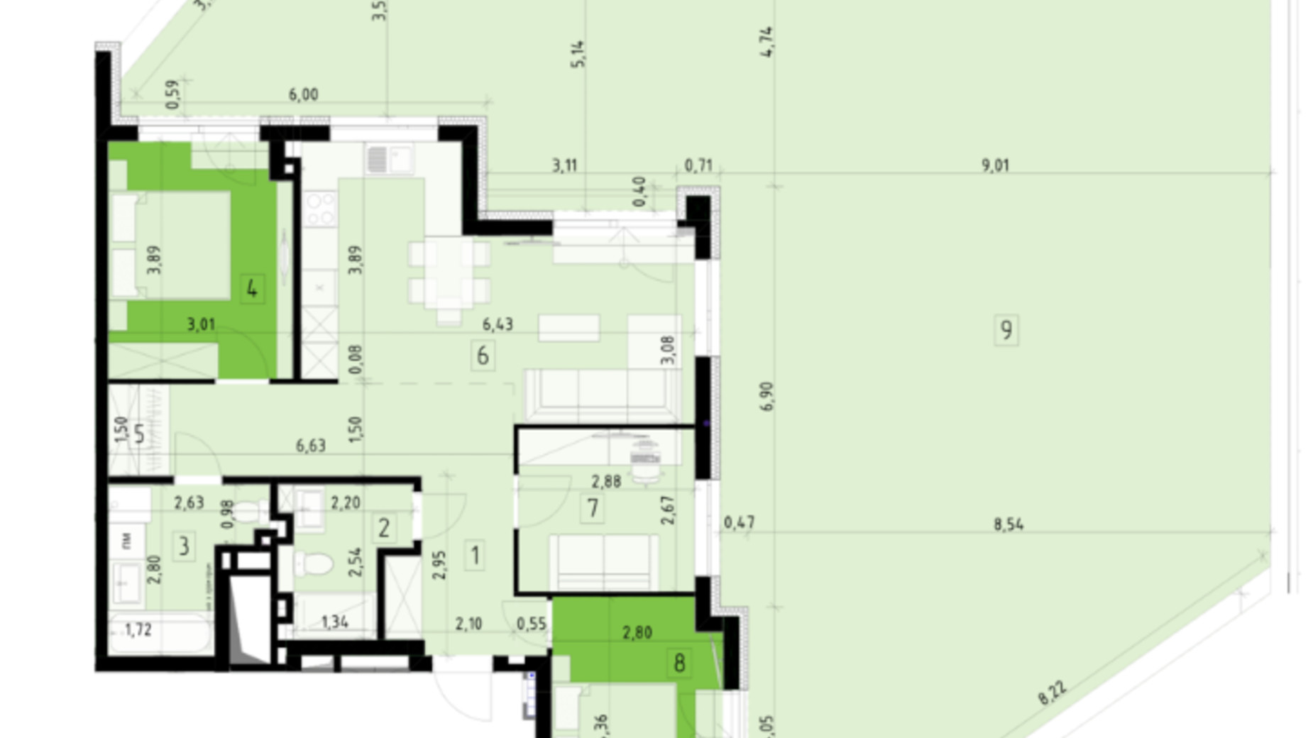 Планировка 3-комнатной квартиры в ЖК 111 Zelena 126.4 м², фото 554462