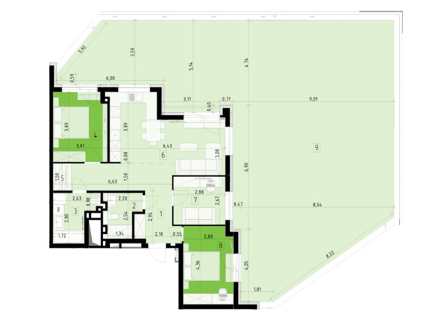 ЖК 111 Zelena: планировка 3-комнатной квартиры 126.4 м²