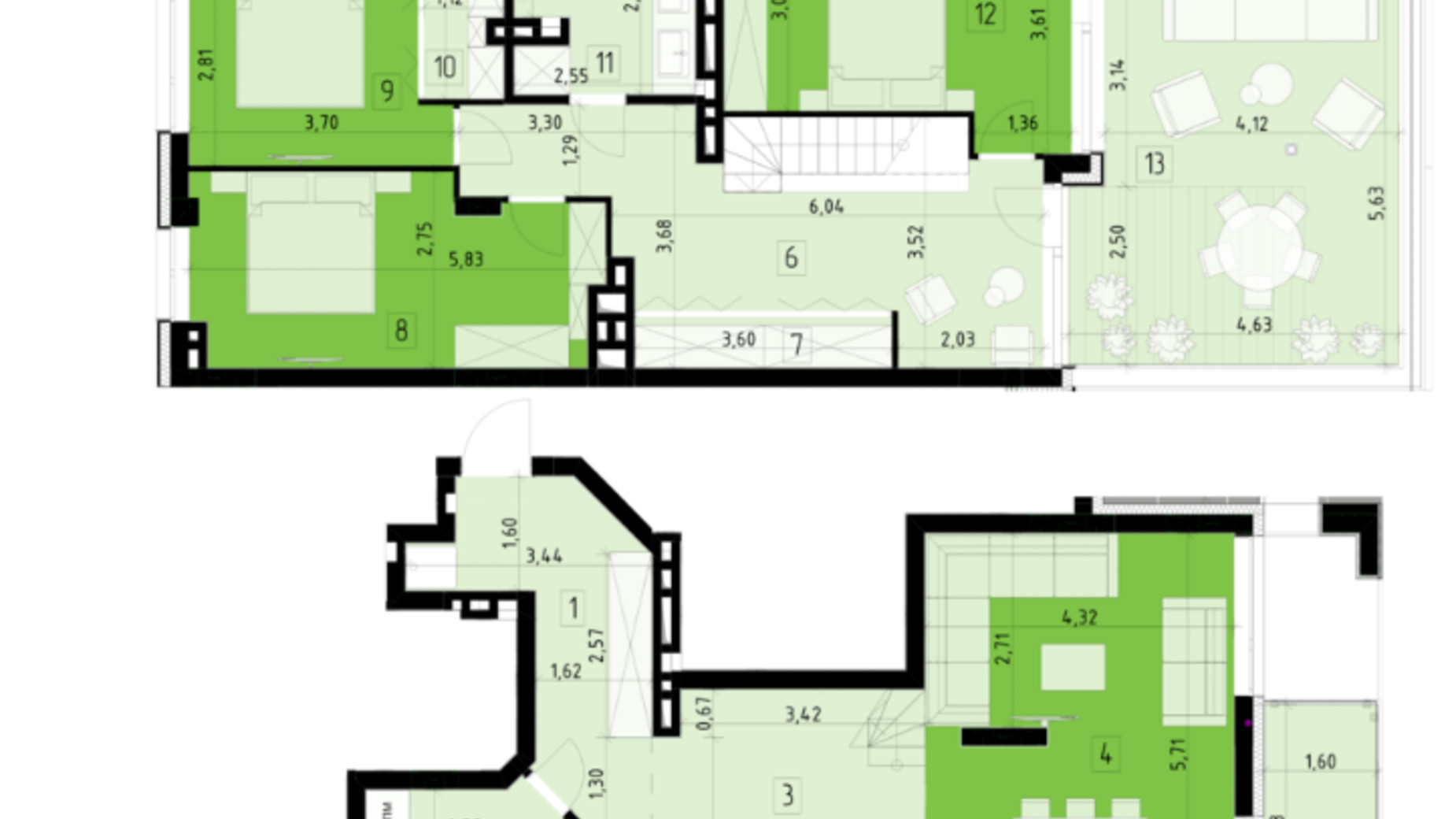 Планування багато­рівневої квартири в ЖК 111 Zelena 130.8 м², фото 554463