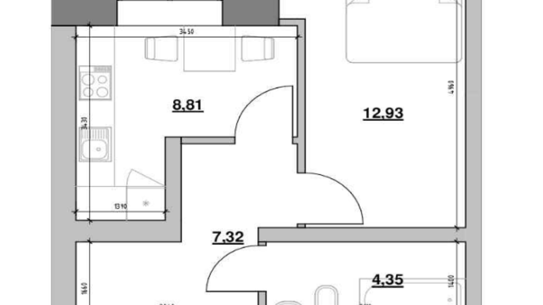 Планировка 1-комнатной квартиры в ЖК Шенген 33.41 м², фото 554537