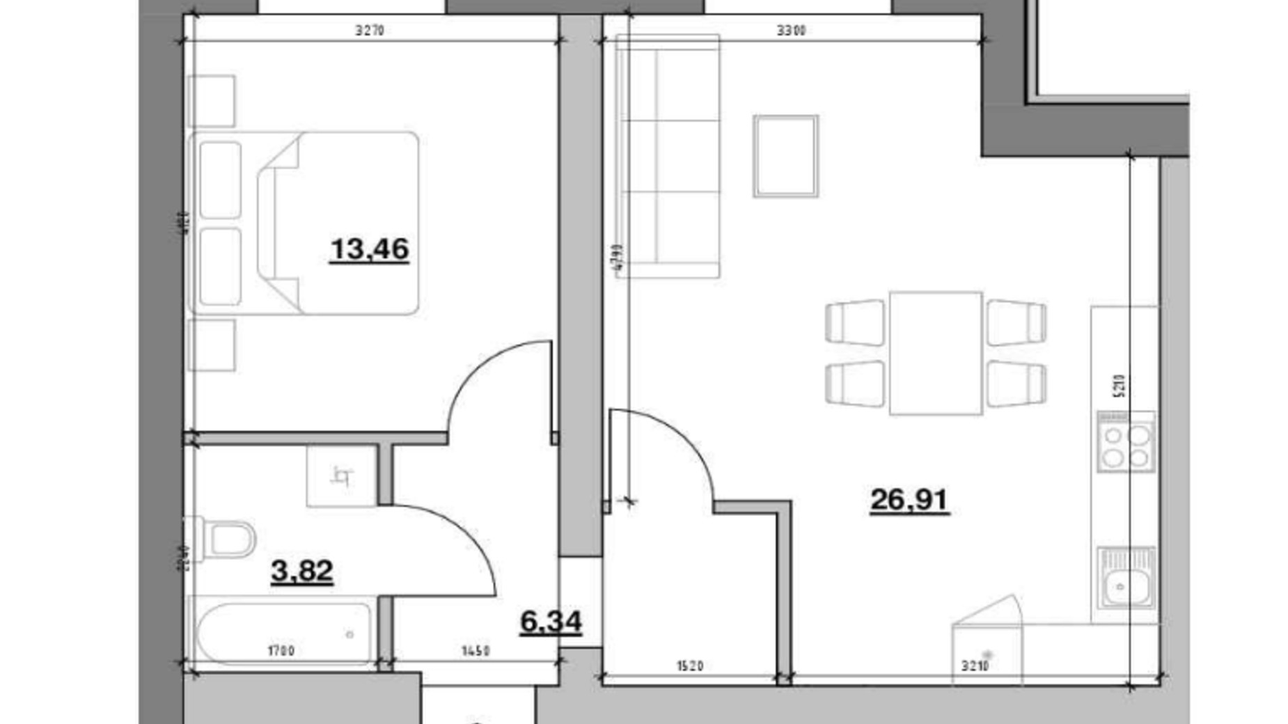 Планування 1-кімнатної квартири в ЖК Шенген 50.53 м², фото 554538