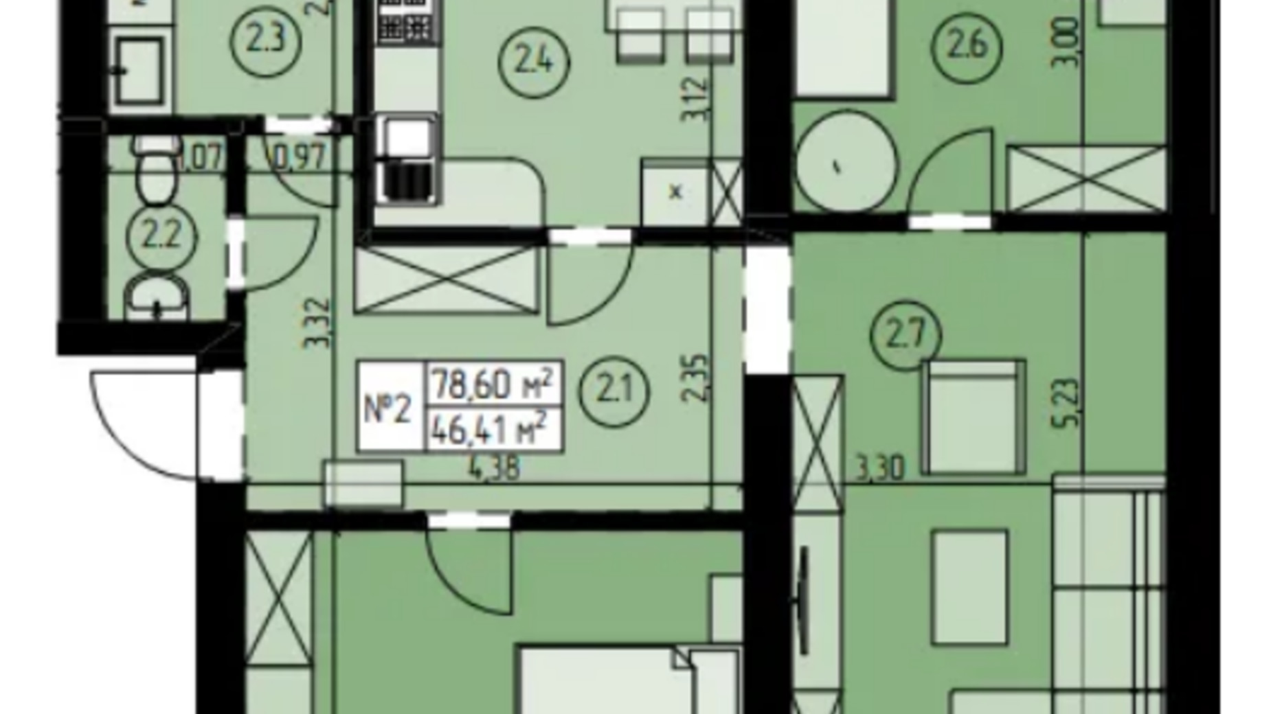 Планировка 3-комнатной квартиры в ЖК на Конюшковской 78.6 м², фото 554578