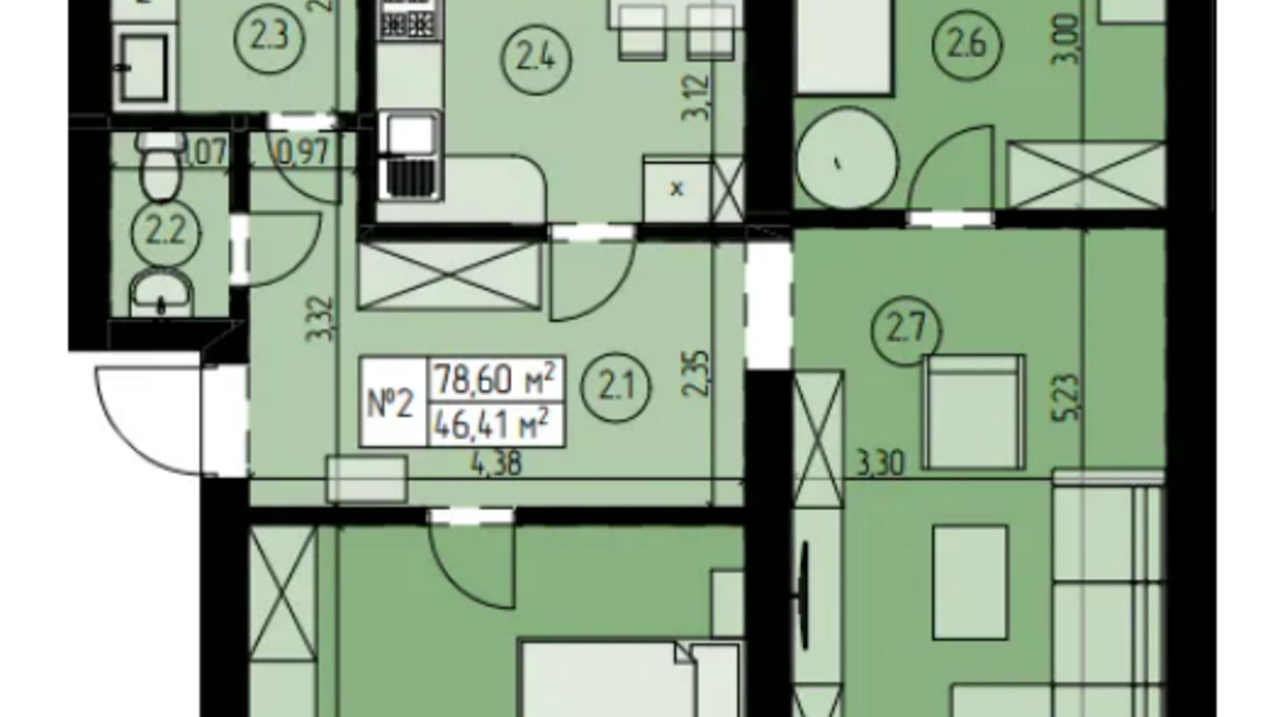Планування 3-кімнатної квартири в ЖК на Конюшківській 78.73 м², фото 554582