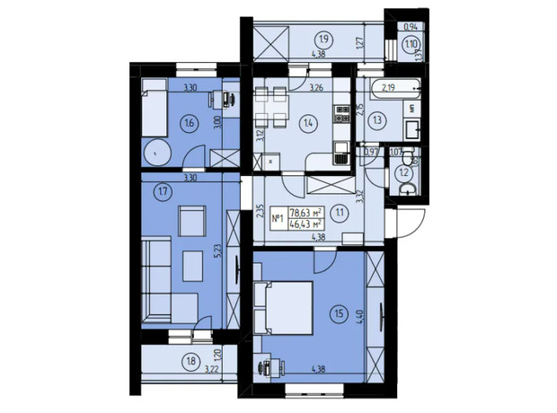 ЖК на Конюшковской: планировка 3-комнатной квартиры 78.74 м²