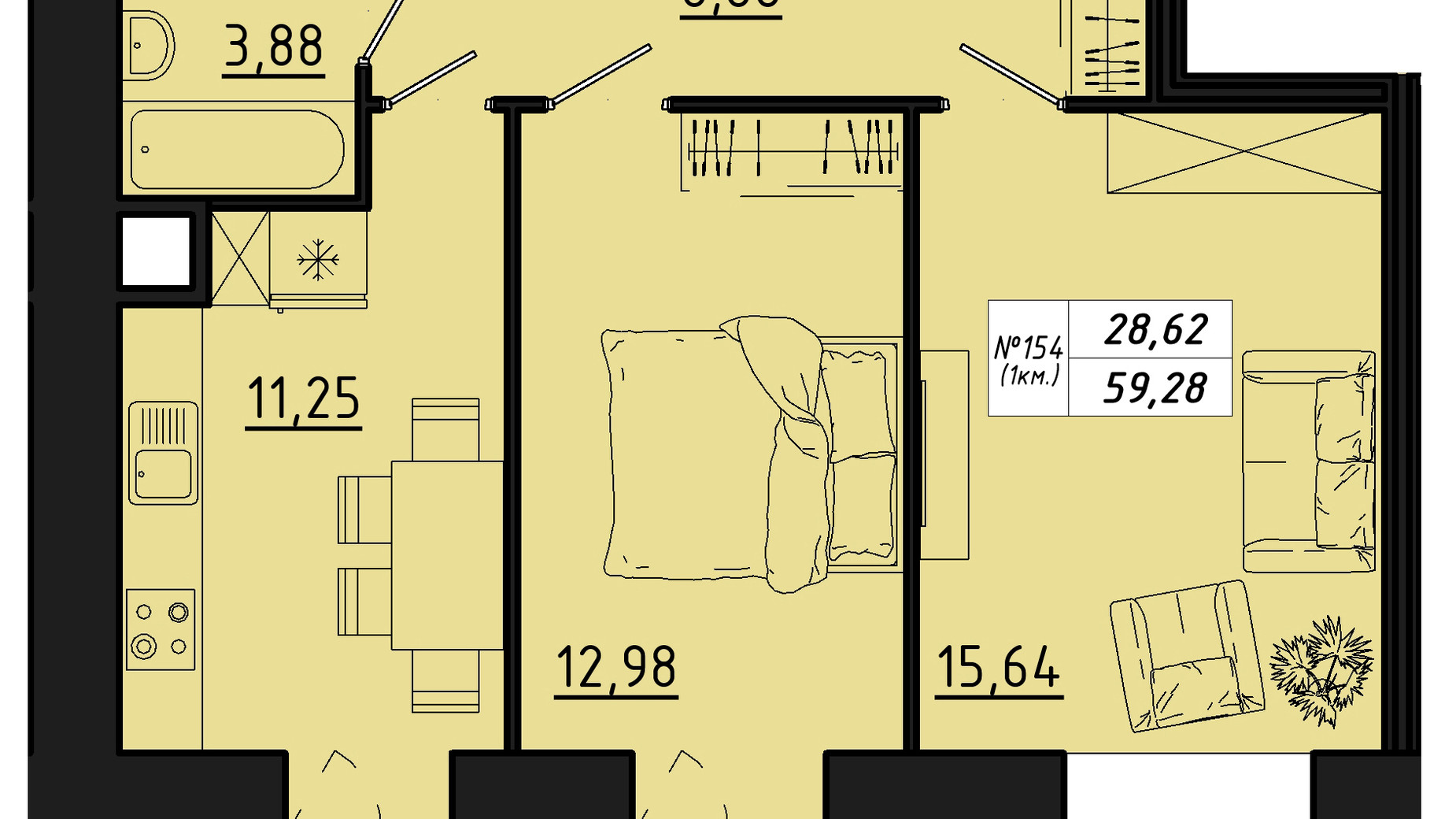 Планировка 2-комнатной квартиры в ЖК Freedom 59.28 м², фото 554594