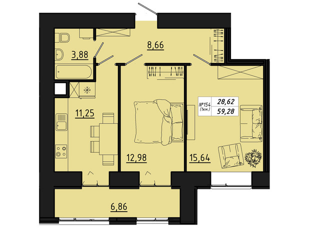 ЖК Freedom: планування 2-кімнатної квартири 59.28 м²