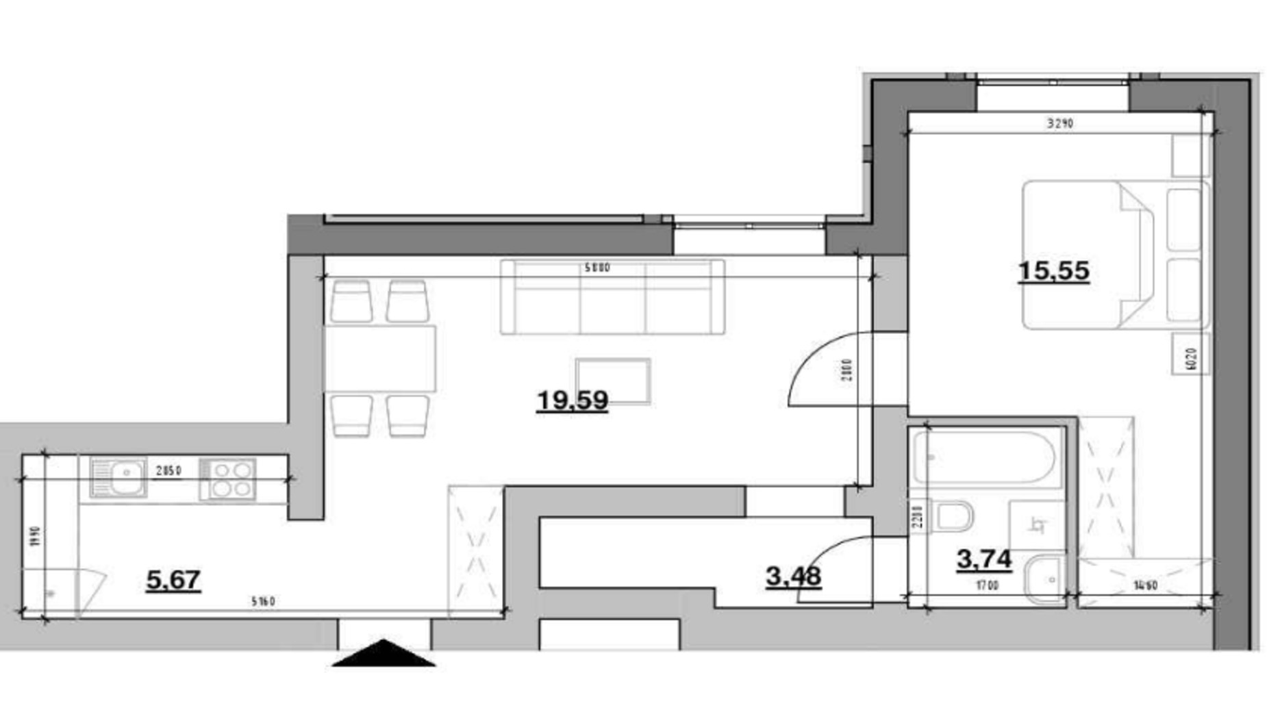 Планировка 1-комнатной квартиры в ЖК Шенген 48.03 м², фото 554615