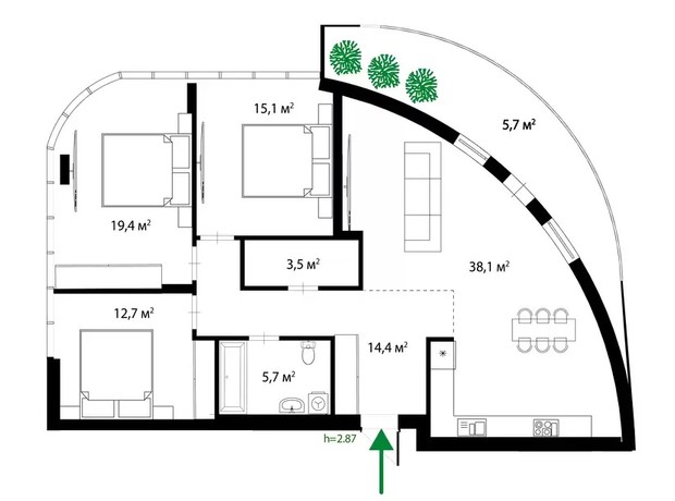 ЖК Dream City: планировка 3-комнатной квартиры 114.6 м²