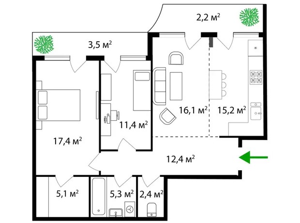 ЖК Dream City: планування 2-кімнатної квартири 92.5 м²