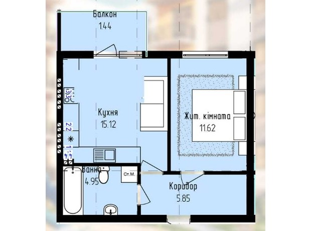 ЖК Садовий: планування 1-кімнатної квартири 39.98 м²