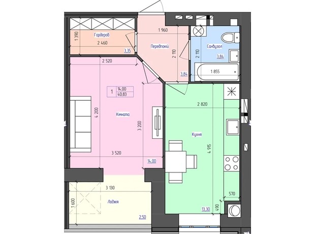 ЖК Атлант: планировка 1-комнатной квартиры 40.83 м²