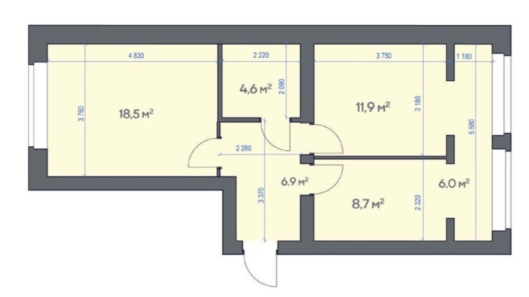 Планування 2-кімнатної квартири в ЖК Новатор 56.71 м², фото 555305