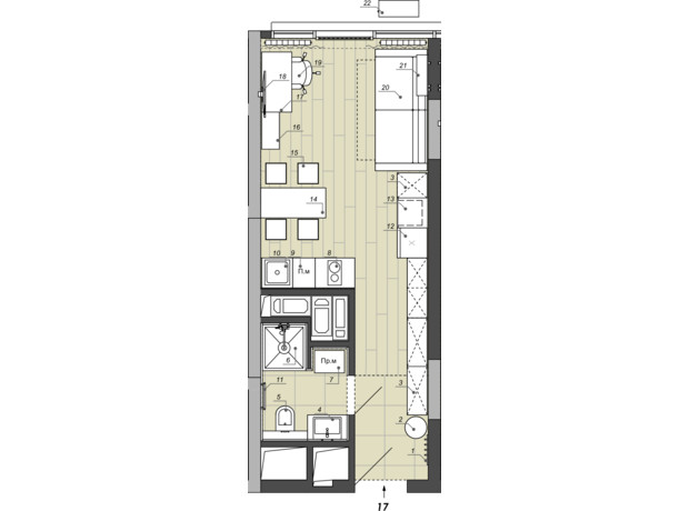 Апарт комплекс WELL towers: планування 1-кімнатної квартири 26.13 м²