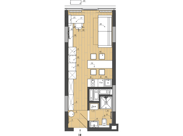 Апарт комплекс WELL towers: планування 1-кімнатної квартири 27.54 м²