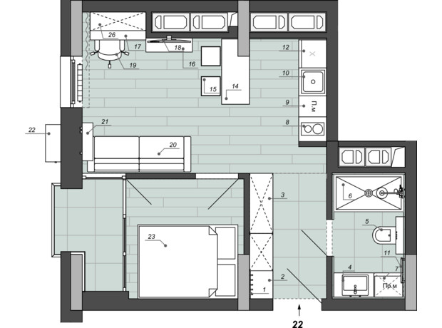 Апарт комплекс WELL towers: планування 2-кімнатної квартири 32.63 м²