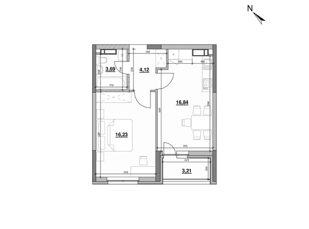 ЖК Ok'Land: планування 1-кімнатної квартири 44.09 м²