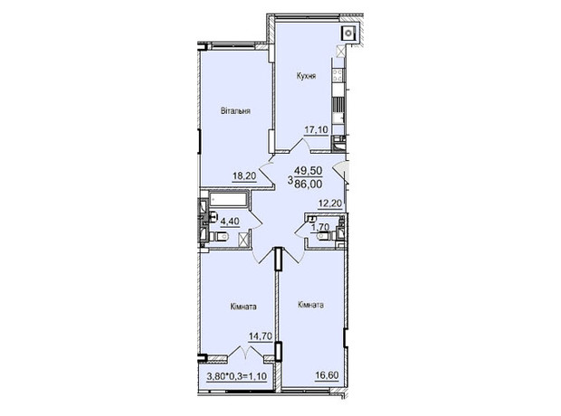 ЖК Буковинский: планировка 3-комнатной квартиры 86.4 м²