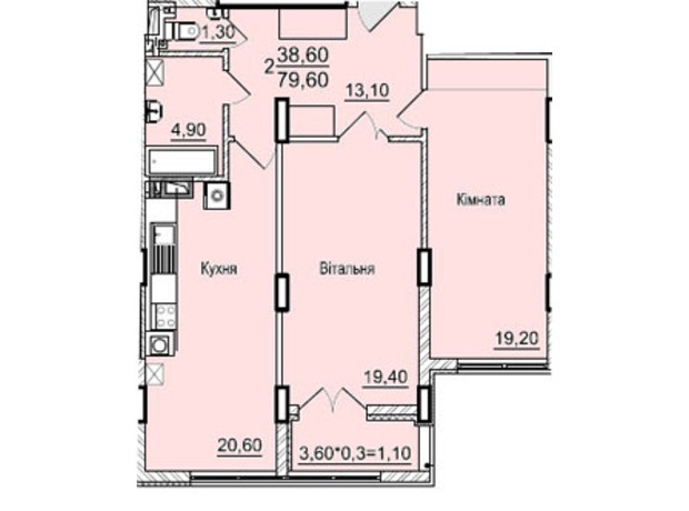 ЖК Буковинский: планировка 2-комнатной квартиры 82.2 м²