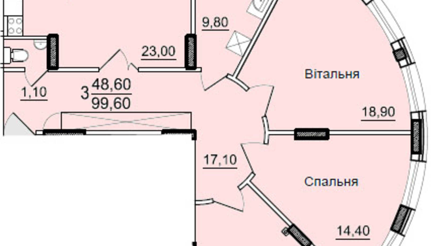 Планировка 3-комнатной квартиры в ЖК Буковинский 99.6 м², фото 555454