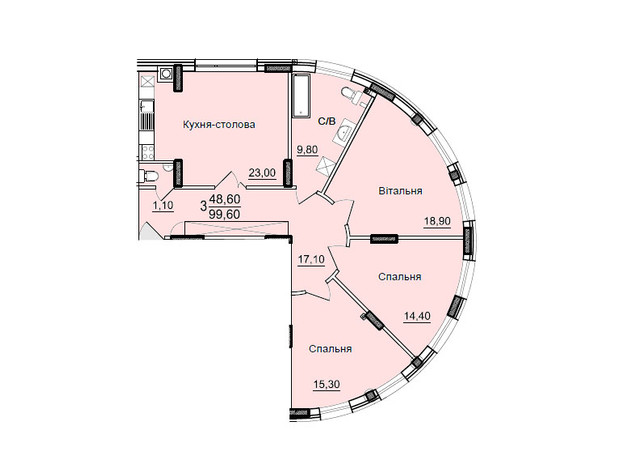 ЖК Буковинский: планировка 3-комнатной квартиры 99.6 м²