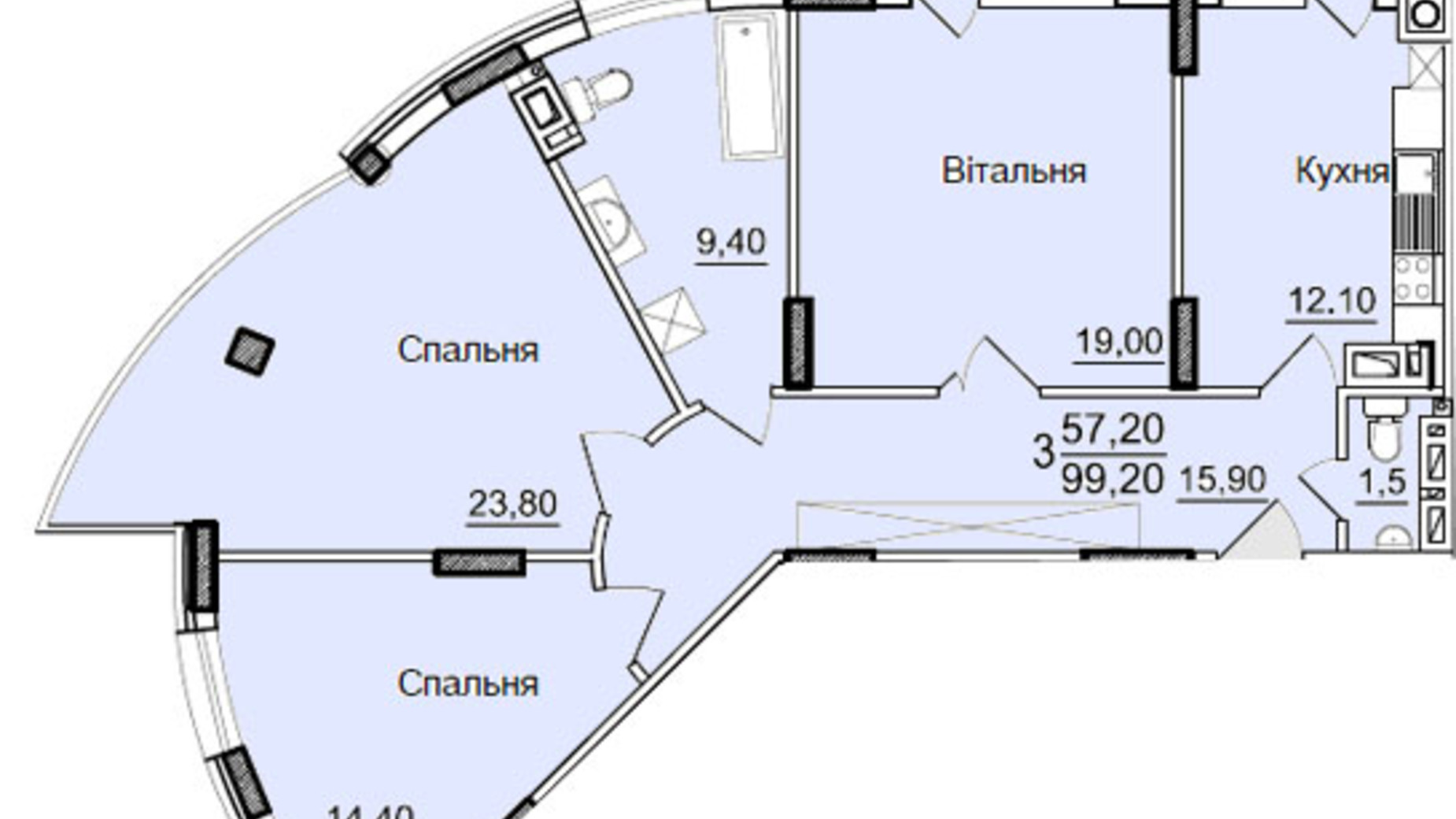 Планировка 3-комнатной квартиры в ЖК Буковинский 99.2 м², фото 555455