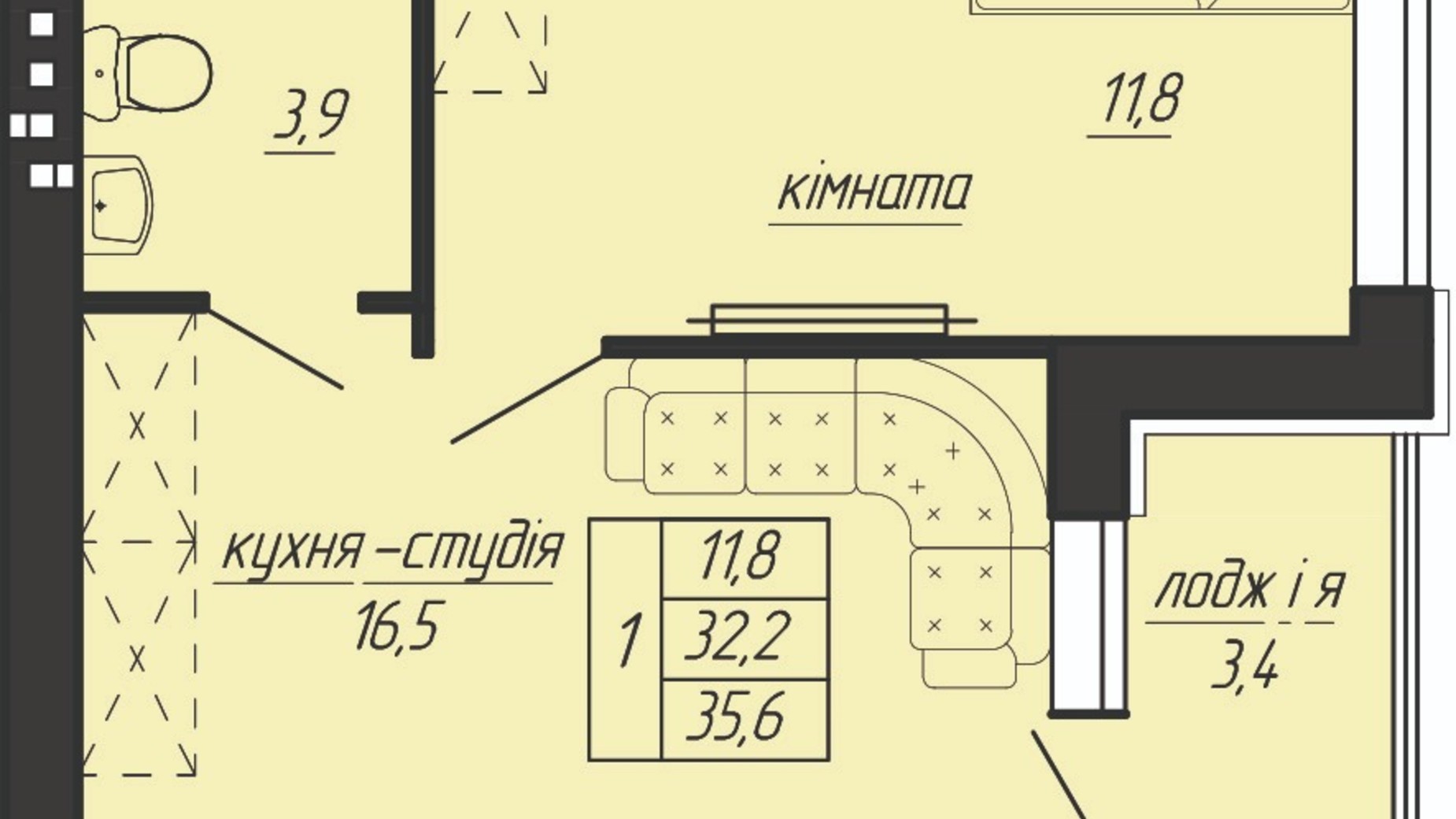 Планування 1-кімнатної квартири в ЖК Панорама 36.4 м², фото 555689