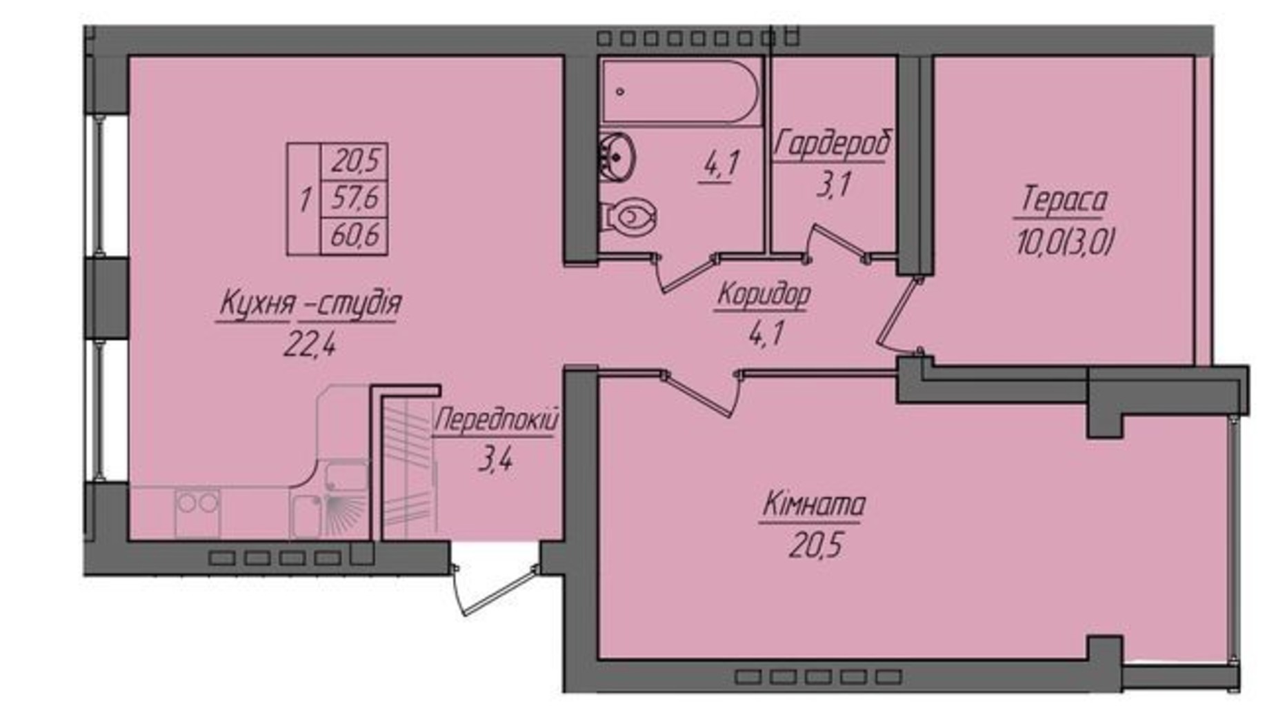 Планування 1-кімнатної квартири в ЖК Панорама 61 м², фото 555690