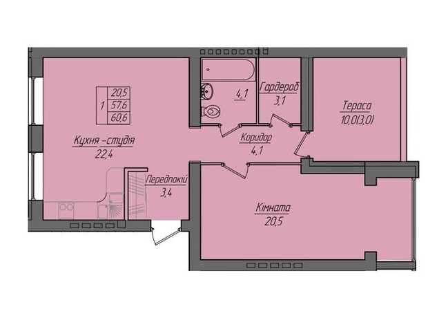 ЖК Панорама: планування 1-кімнатної квартири 60.6 м²