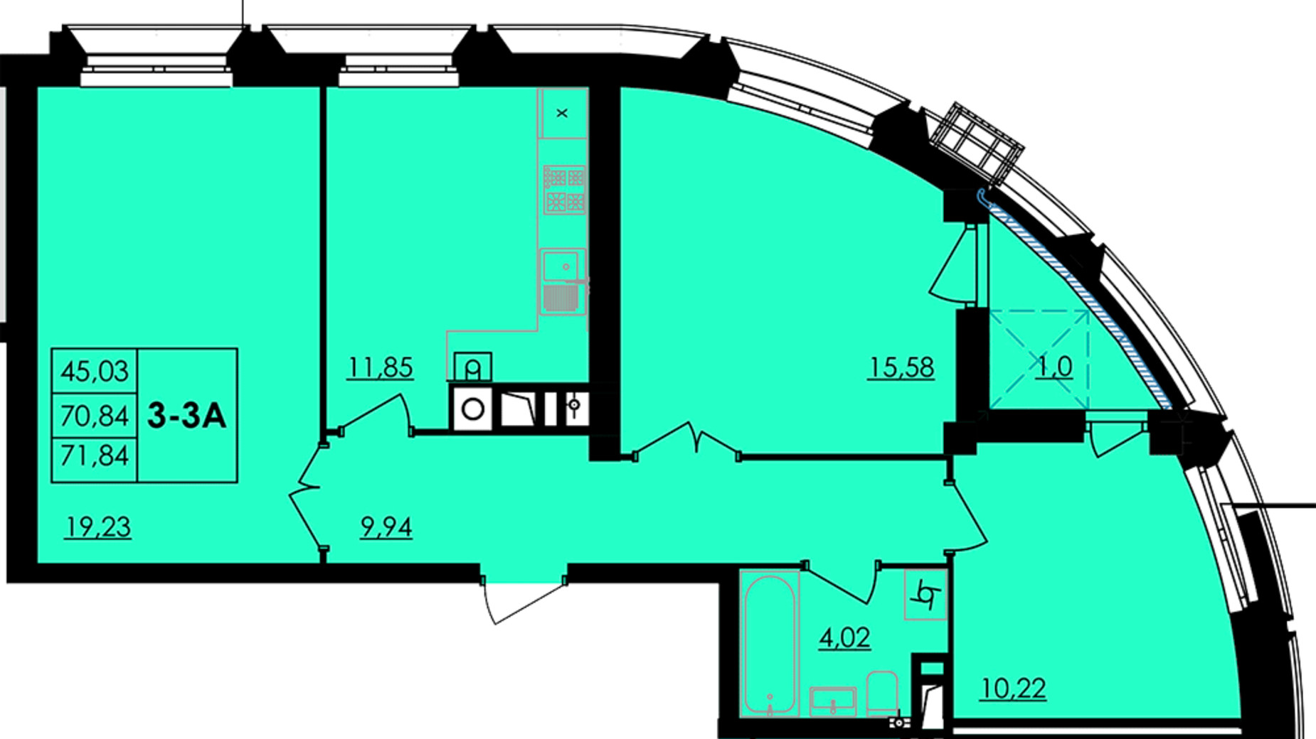 Планировка 3-комнатной квартиры в ЖК City Park 71.84 м², фото 555845