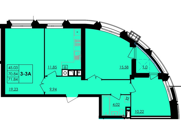 ЖК City Park: планування 3-кімнатної квартири 71.84 м²