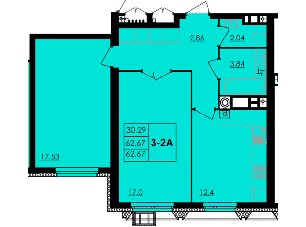 ЖК City Park: планування 2-кімнатної квартири 62.67 м²