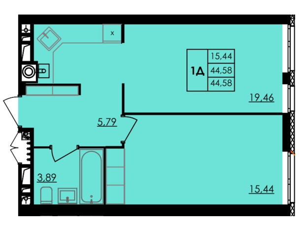 ЖК City Park: планировка 1-комнатной квартиры 44.58 м²