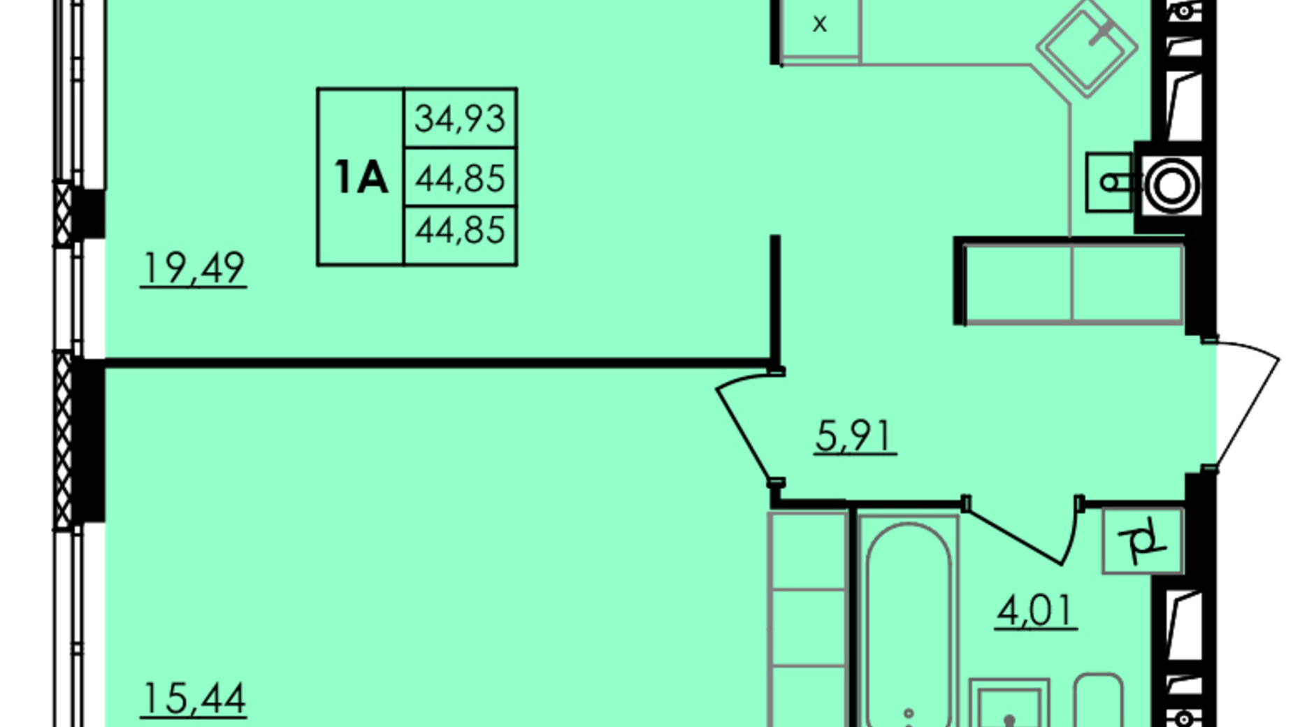 Планировка 1-комнатной квартиры в ЖК City Park 44.85 м², фото 555848