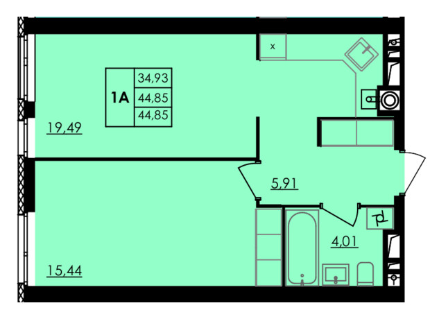ЖК City Park: планування 1-кімнатної квартири 44.85 м²