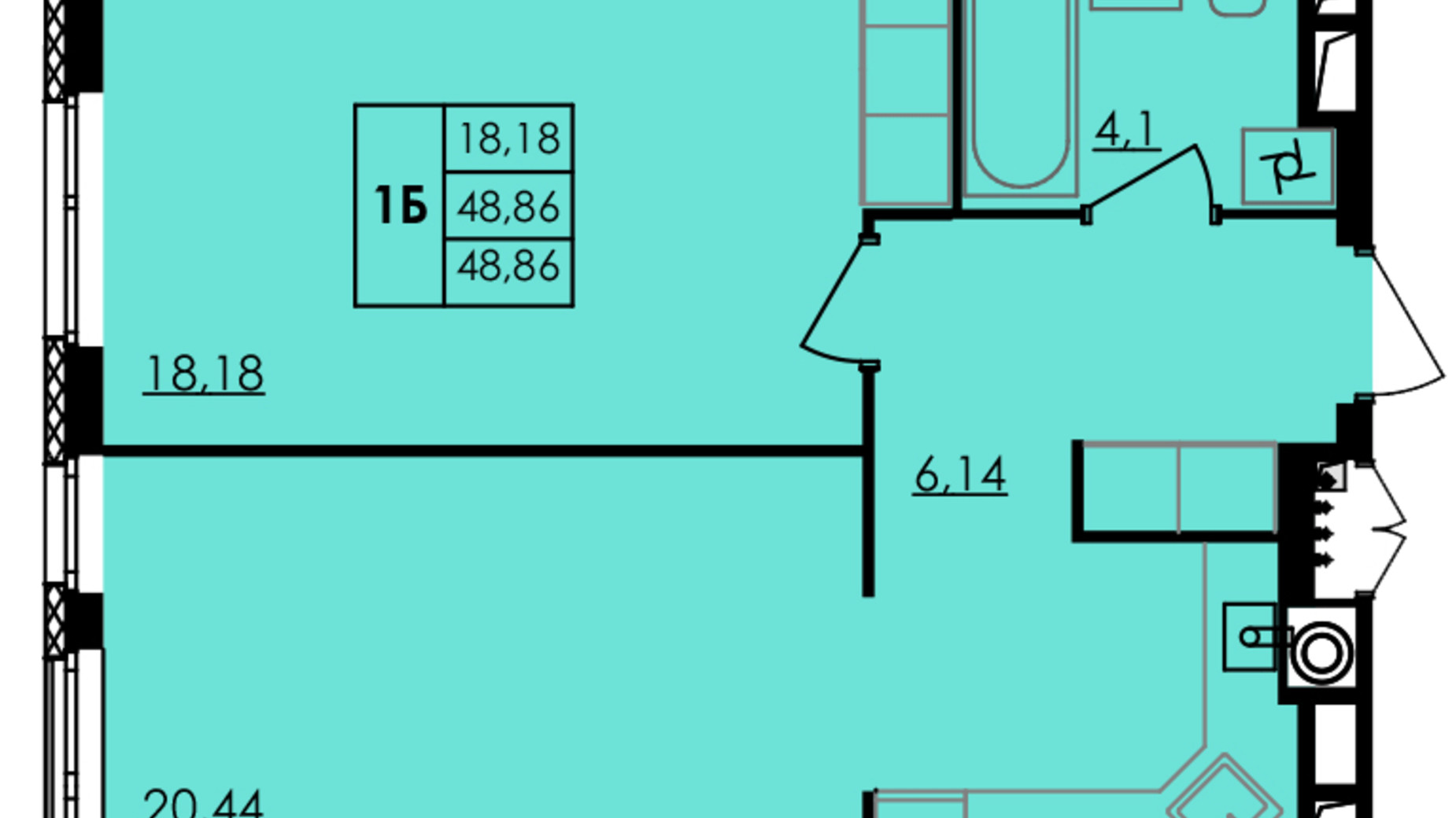 Планування 1-кімнатної квартири в ЖК City Park 48.86 м², фото 555850