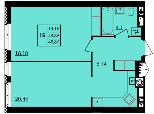 ЖК City Park: планування 1-кімнатної квартири 48.86 м²
