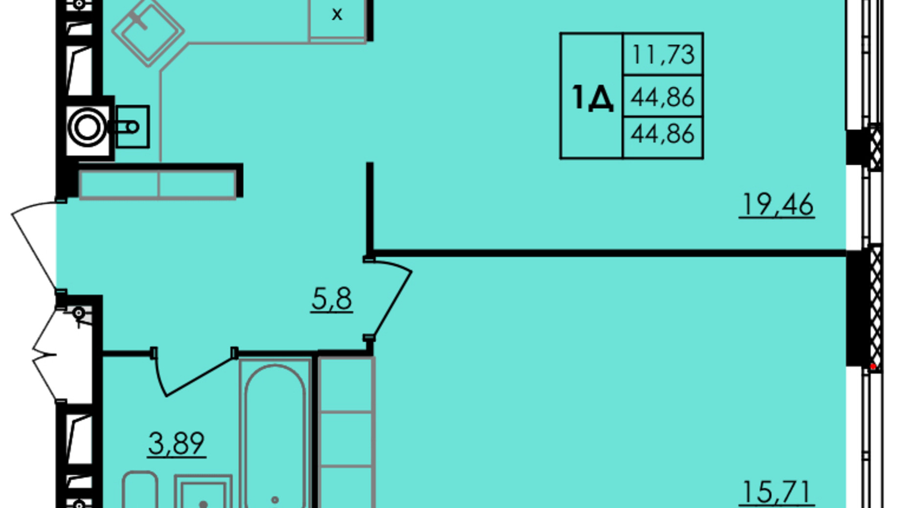Планування 1-кімнатної квартири в ЖК City Park 44.9 м², фото 555852