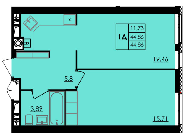 ЖК City Park: планування 1-кімнатної квартири 44.9 м²