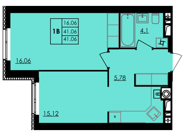 ЖК City Park: планування 1-кімнатної квартири 41.06 м²