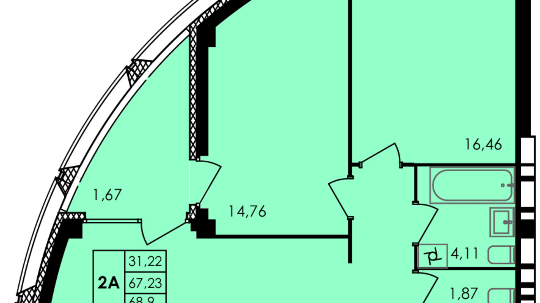 Планування 2-кімнатної квартири в ЖК City Park 68.9 м², фото 555856