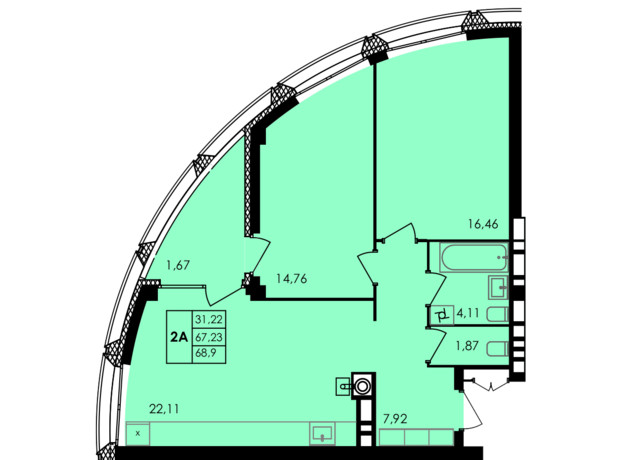 ЖК City Park: планування 2-кімнатної квартири 68.9 м²