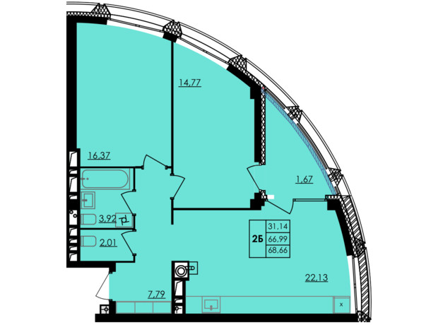 ЖК City Park: планировка 2-комнатной квартиры 68.66 м²