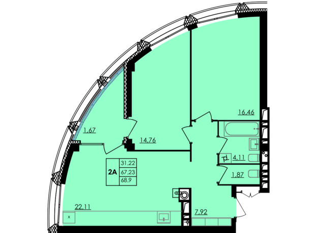 ЖК City Park: планування 2-кімнатної квартири 68.9 м²