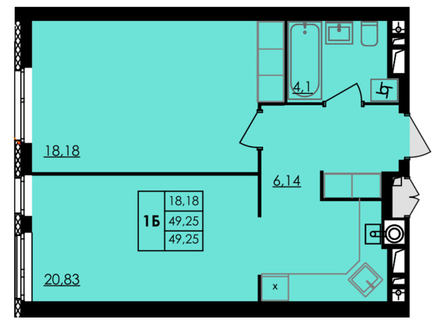 ЖК City Park: планування 1-кімнатної квартири 49.25 м²