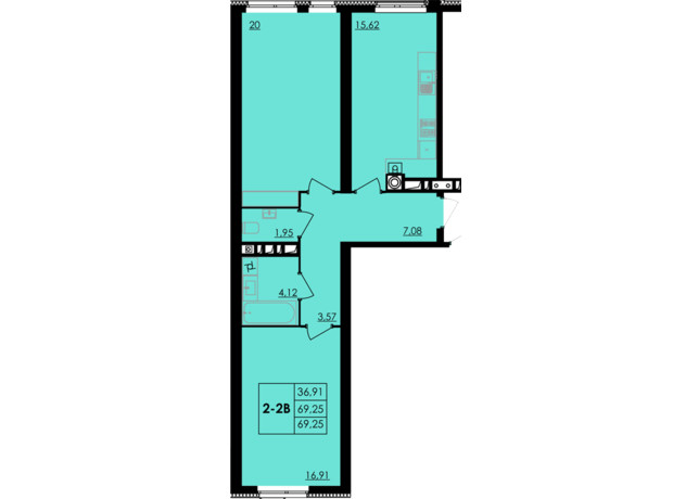 ЖК City Park: планировка 2-комнатной квартиры 69.25 м²