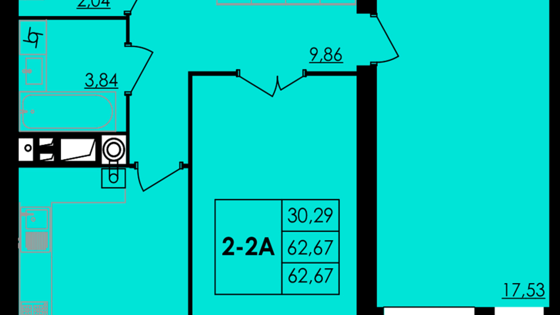 Планування 2-кімнатної квартири в ЖК City Park 62.67 м², фото 555868