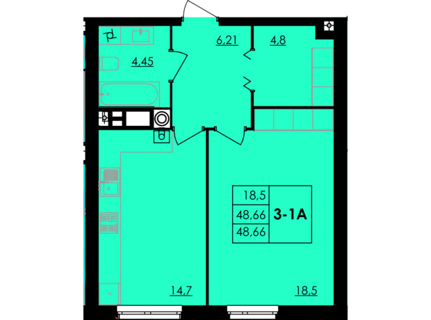 ЖК City Park: планування 1-кімнатної квартири 48.73 м²