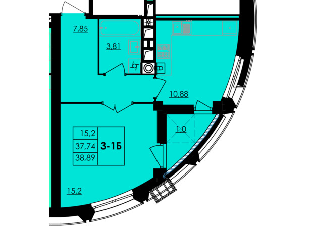 ЖК City Park: планування 1-кімнатної квартири 38.74 м²