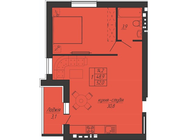 ЖК Панорама: планування 1-кімнатної квартири 53.9 м²