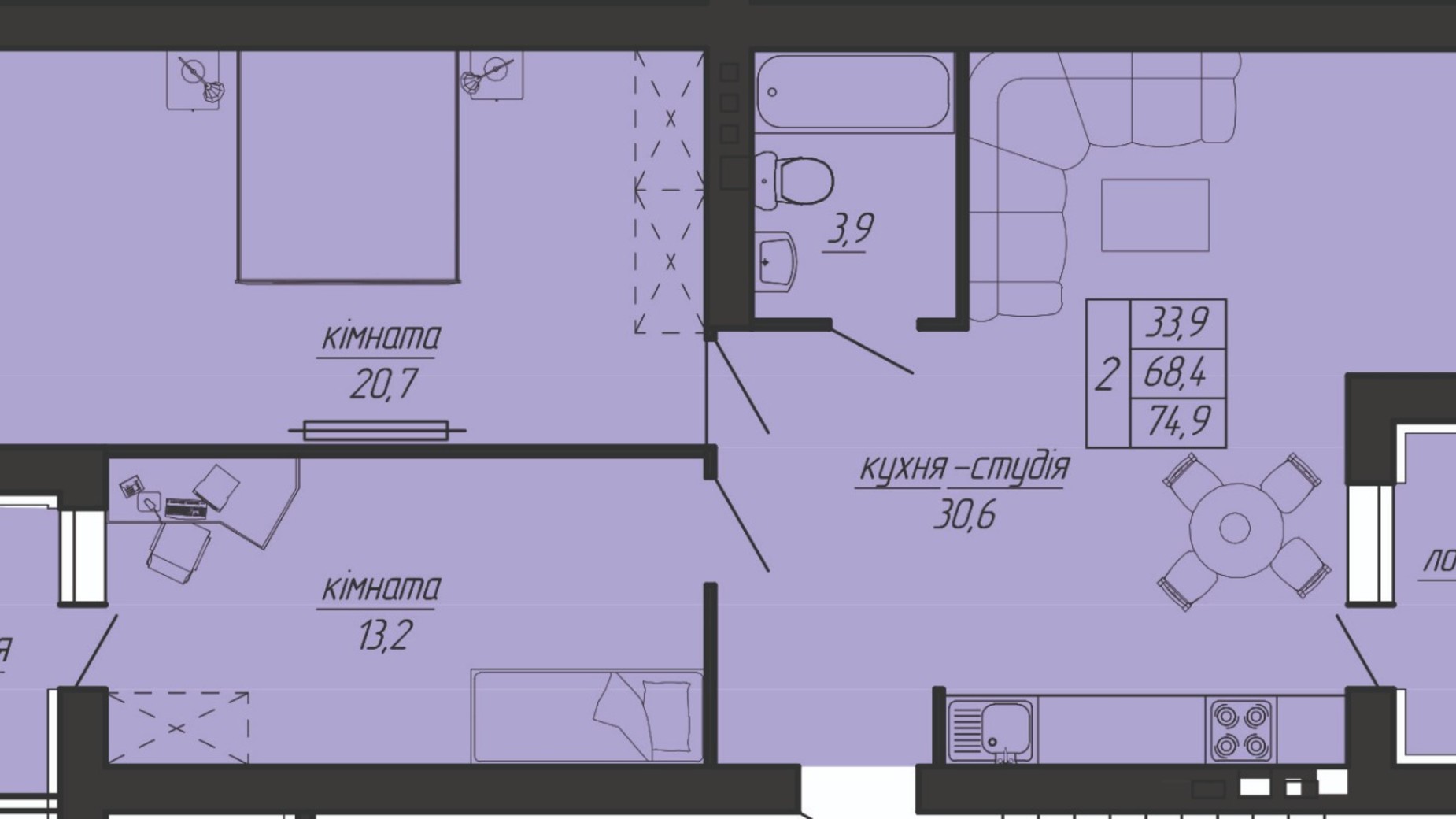 Планировка 2-комнатной квартиры в ЖК Панорама 72.7 м², фото 555921